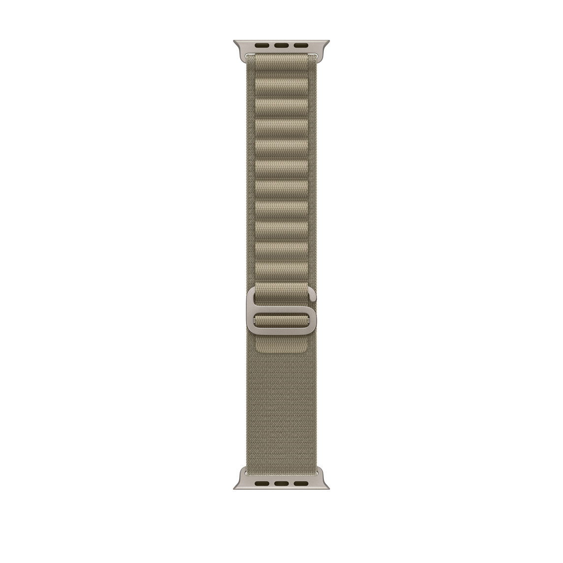 橄榄色高山回环式表带，展示双层精编织物材质、环扣和钛金属 G 式表扣。