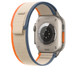 橙配米色野径回环式表带的搭配效果，展示 Apple Watch Ultra 背面的健康传感器和充电区域。