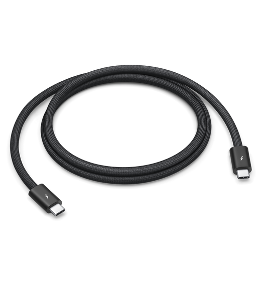 Thunderbolt 4 Pro 連接線 (1 公尺) 採用捲起時不易纏繞的黑色編織設計，資料傳輸最高可達每秒 40GB。