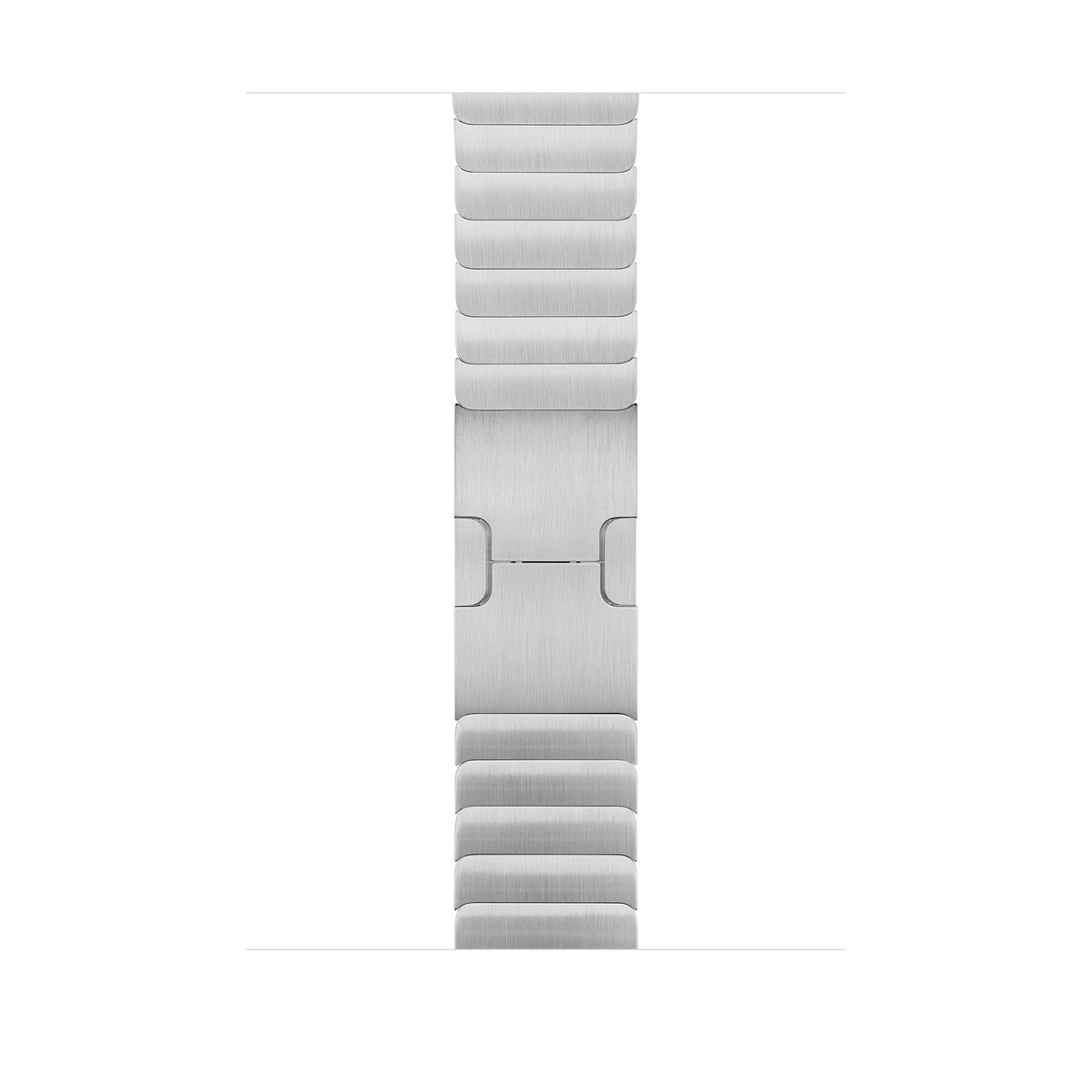 銀色錶鏈帶，展示不鏽鋼鏈節搭配蝶式錶扣。