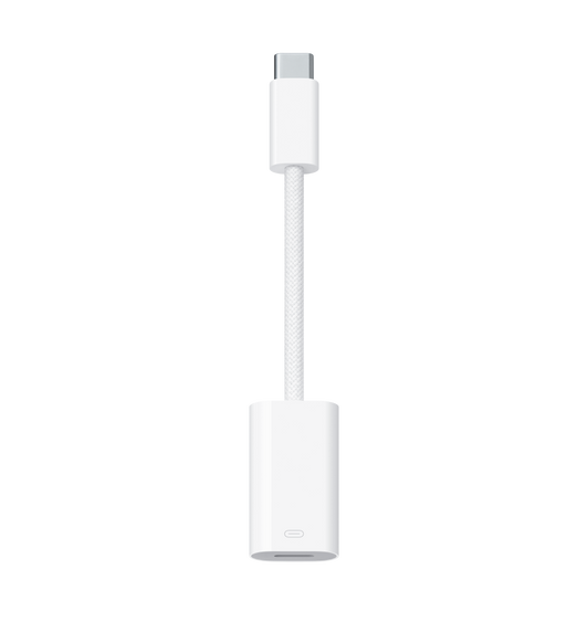 USB-C 转闪电转换器，展示 USB-C 接头、编织连接线、闪电端口。