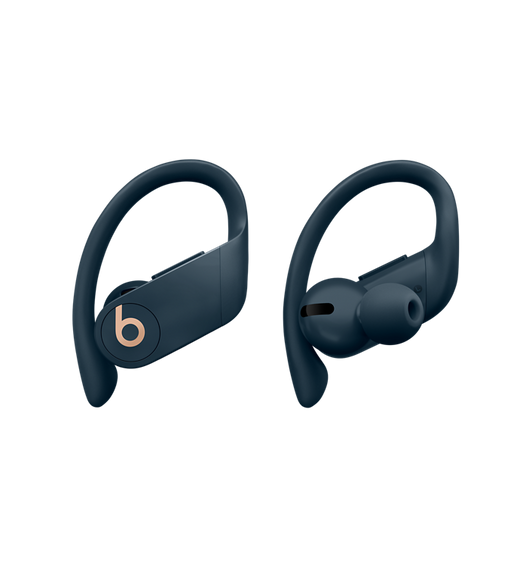 海軍藍 Powerbeats Pro 真無線入耳式耳機，具備可調整、穩固貼合的耳掛，有多個耳塞選項可供自訂以增加舒適度