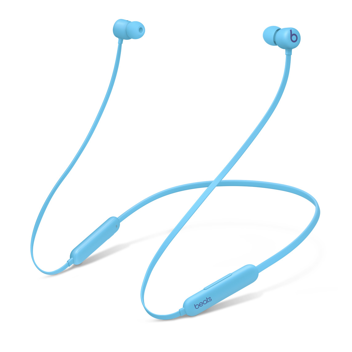 풍부하고 정확한 베이스로 구성된 훌륭한 스테레오 분리를 이끌어내는 듀얼 챔버 어쿠스틱 디자인의 플레임 블루 색상의 Beats Flex All-Day Wireless Earphones.