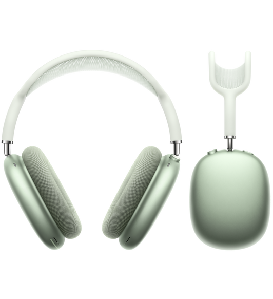 绿色 AirPods Max 的正面视图，旁边是 AirPods Max 耳机外观的侧面视图。