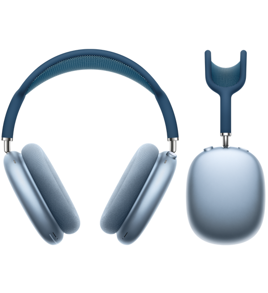 天藍色 AirPods Max 的正面，旁邊是 AirPods Max 的側面以展示耳筒外部設計。