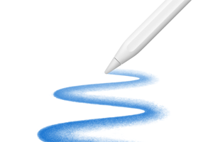 한 쪽으로 기울인 Apple Pencil의 팁. 부드럽게 곡선을 그리는 굵은 파란선을 그리고 있습니다
