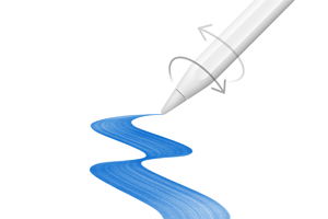 图片展示以顺时针和逆时针方向环绕 Apple Pencil 笔身的箭头，Apple Pencil 绘出笔刷线条。