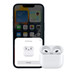 Charging Case holding AirPods Pro with white pairing indication light illuminated, case next to iPhone. Small tile on iPhone home screen demonstrates pairing screen with connect button that pairs AirPods when tapped