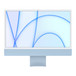 iMac 的正面外观，展示白色显示屏边框、蓝色外壳和铝金属底座。