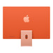橙色 iMac 的背面外观，Apple 标志位于中央，其颜色比深色机身外观浅几个色调，底座上带有线缆孔位，USB-C 和雷雳端口位于机身左下方，电源按钮位于机身右下方。