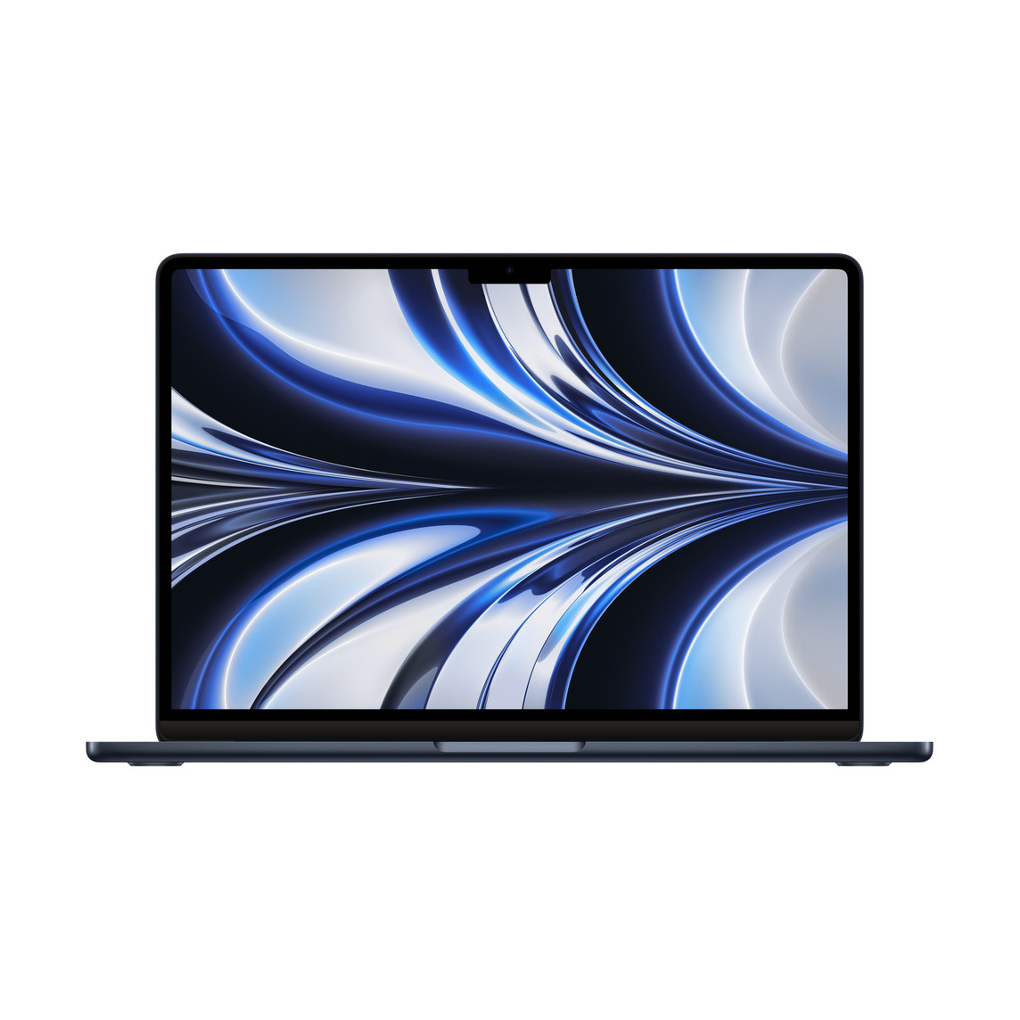 呈打开状态的午夜色 MacBook Air，展示细窄边框、FaceTime 高清摄像头、凸出的垫脚、曲边设计。