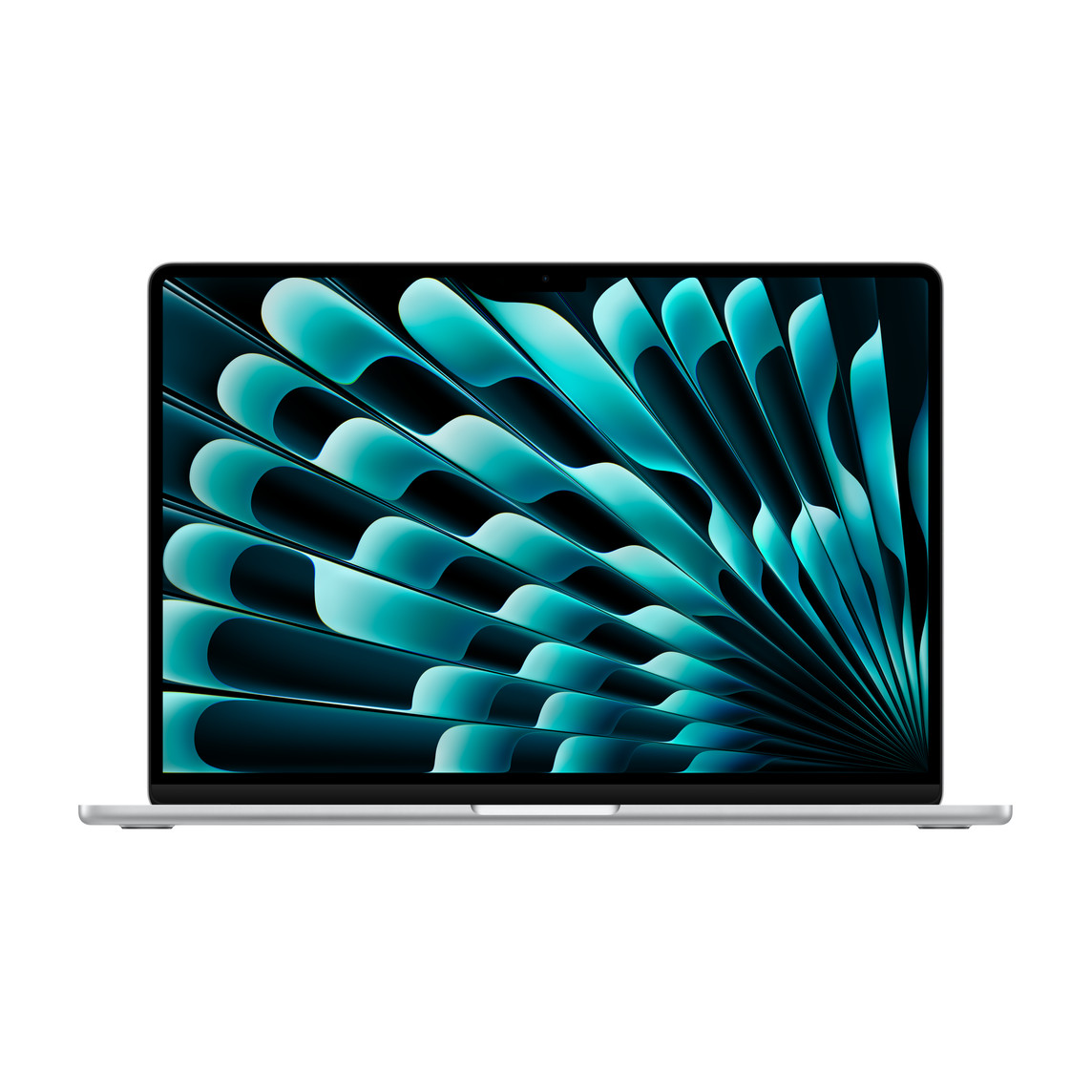 呈打开状态的银色 MacBook Air，展示细窄边框、FaceTime 高清摄像头、凸出的垫脚、曲边设计。