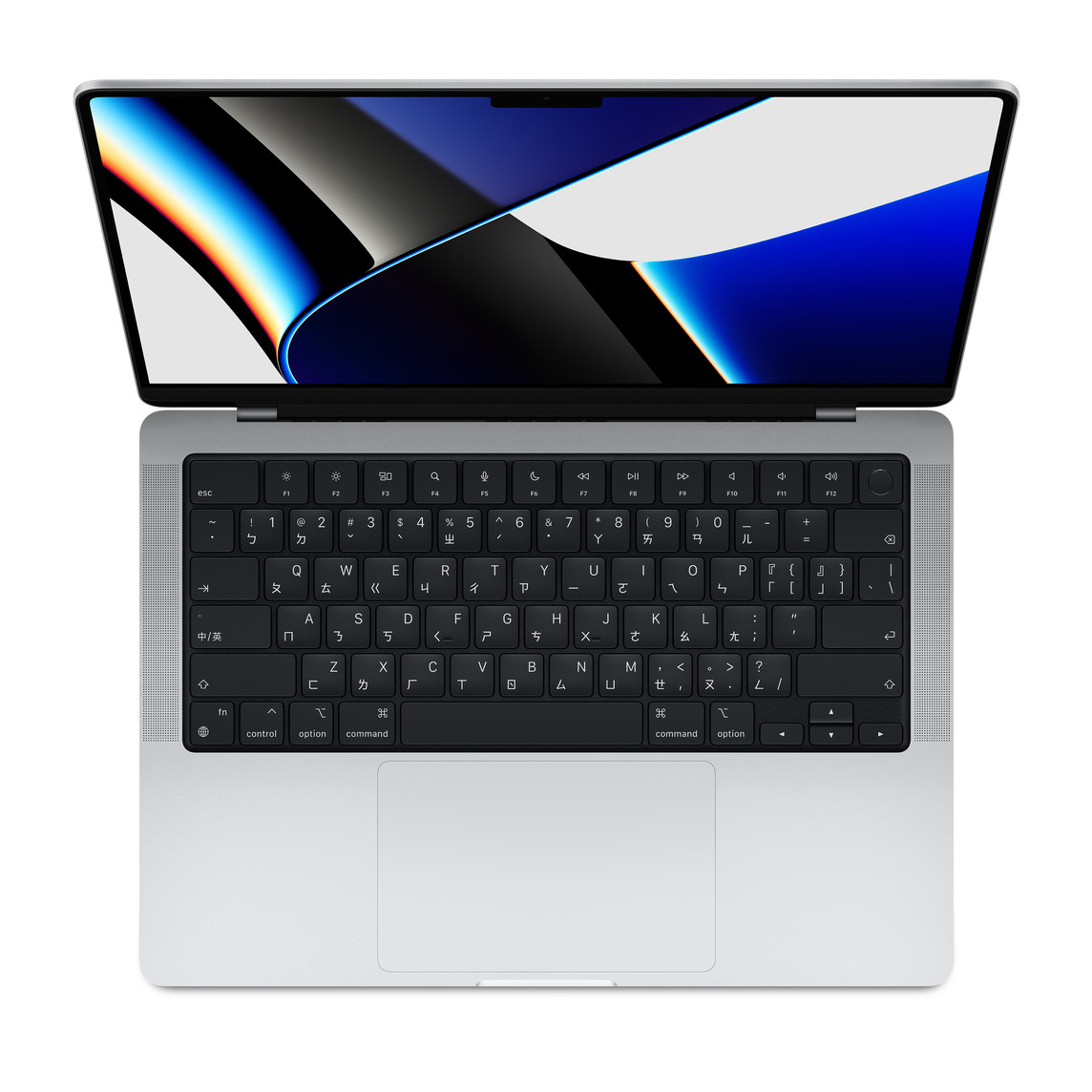 打開的銀色 MacBook Pro 俯視圖，展示顯示器、配備全高功能鍵列和圓形 Touch ID 按鈕的鍵盤，以及觸控式軌跡板。