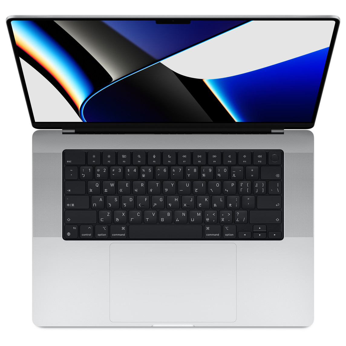 打開的銀色 MacBook Pro 俯視圖，展示顯示器、配備全高功能鍵列和圓形 Touch ID 按鈕的鍵盤，以及觸控式軌跡板。