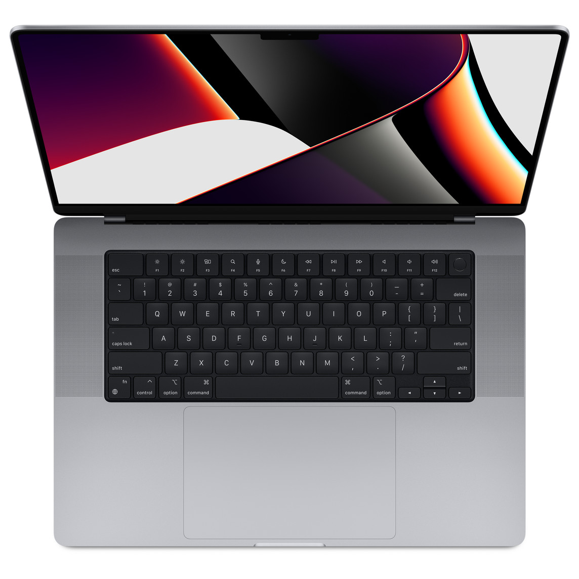 MacBook Pro, open top, display, keyboard with full height function key row and circular Touch ID button, trackpad, Space Grey