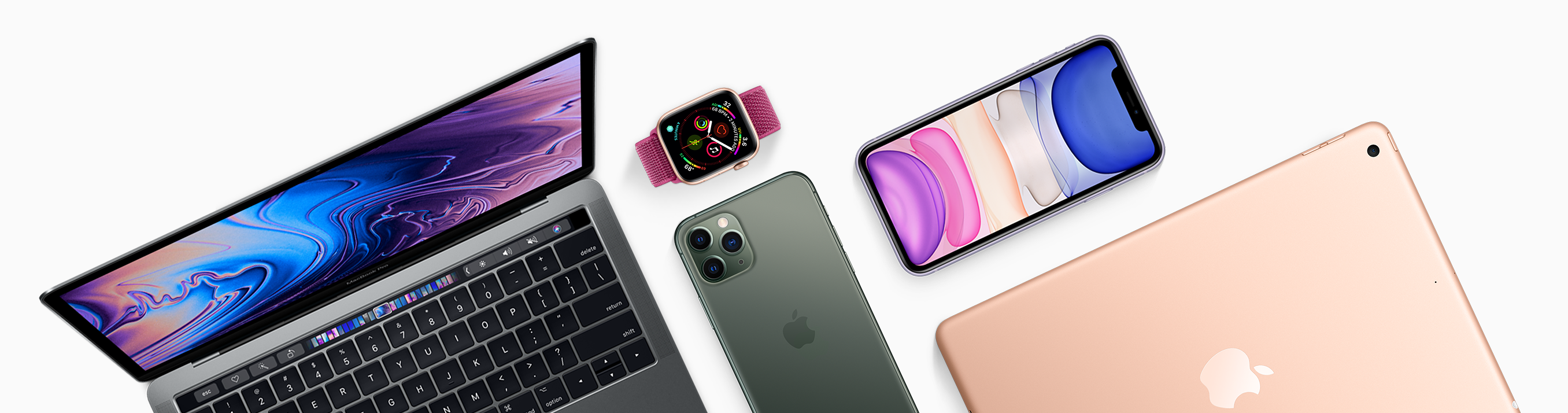 展示 MacBook、Apple Watch、iPhone、iPhone 及 iPad。