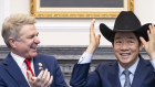 Taiwan President Lai Ching-te, right, puts on a cowboy hat given by Representative Michael McCaul during a meeting in Taipei,