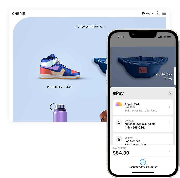 Colourful sneakers on an online store gallery, blue fanny pack item at checkout on Apple Pay phone display. 