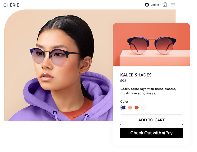 Brunette girl modelling sunglasses and image of sunglasses beside add to cart button and Apple Pay button.