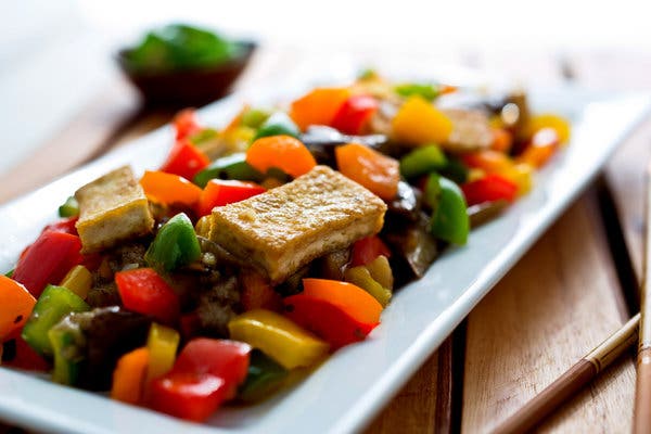 Stir-Fried Rainbow Peppers, Eggplant and Tofu