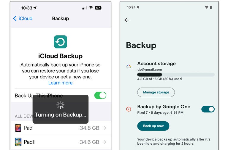 Backing up your iPhone, left, or Android phone can be automated so you don’t have to think about it until you need to restore lost files.