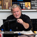 Steve Bannon recording his podcast “War Room” from his basement in Washington, D.C., in October 2023. Bannon has been an influential promoter of the MAGA movement’s “precinct strategy.”