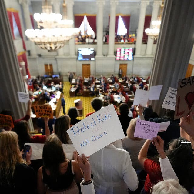 People in the gallery of a legislative chamber hold protest signs with slogans like “Protect guns, not kids.”