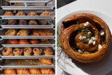 Left: a range of sweet and savory pastries at Radio Bakery, one of several new bakeries that have recently opened in Brooklyn’s Greenpoint neighborhood. Right: a tzatziki escargot pastry at Paloma Bakery.