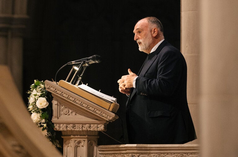 “They were the best of humanity,” the chef José Andrés said of seven slain workers at a Thursday memorial service at the National Cathedral.