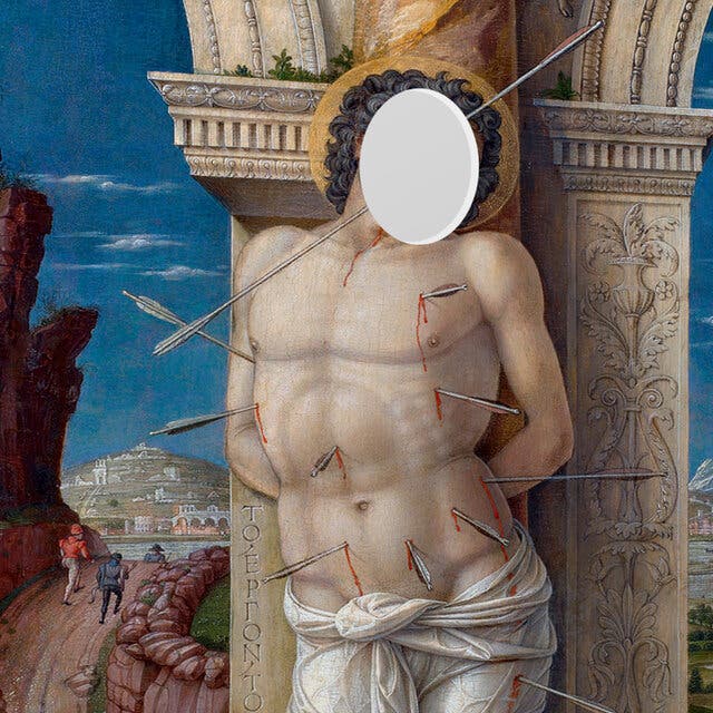 A painting of Saint Sebastian, pierced with arrows, is propped up, with the face removed, like a photo stand-in with a hole for one’s face.