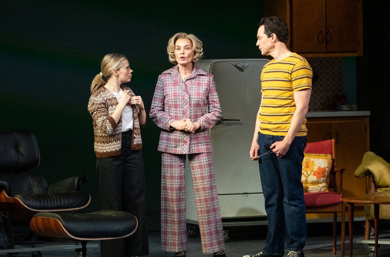 Jessica Lange, center, is the titular mother in “Mother Play,” at the Helen Hayes Theater in Manhattan, with Celia Keenan-Bolger, left, and Jim Parsons playing her children.