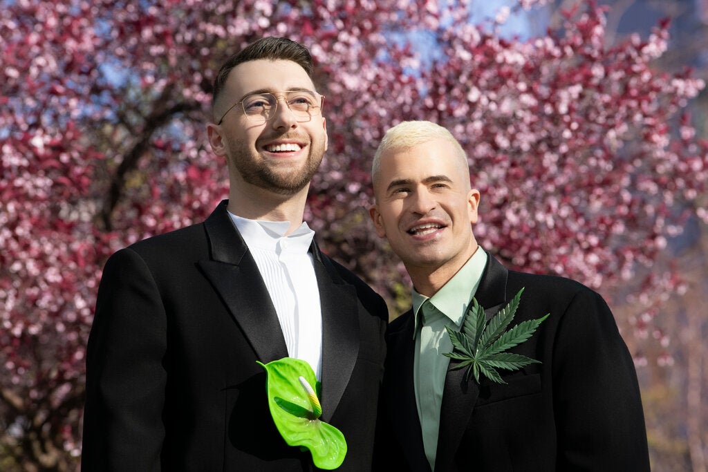 Billy Jacobson, left, and Evan Ross Katz married April 20 at Current at Pier 59 in Manhattan’s Chelsea neighborhood. They met on the dating app Grindr in 2018.