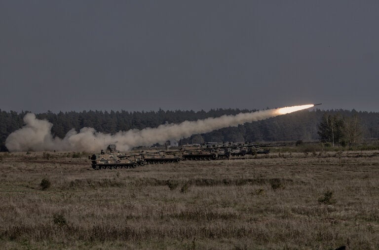 An American-made HIMARS rocket launcher being fired during a demonstration in Poland last fall.