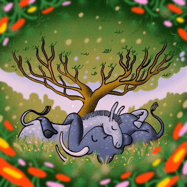 An illustration of a donkey and elephant hugging in a meadow beneath a tree.