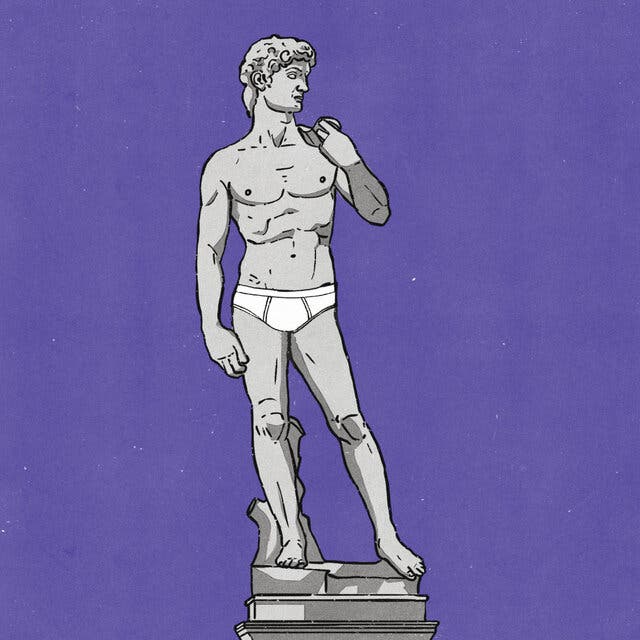 An illustration of the statue David wearing a pair of tighty-whities, against a plain purple background.