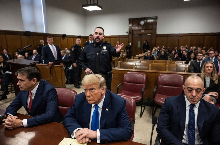 Former President Donald J. Trump’s behavior was muted compared with how he has acted during past Manhattan court appearances.