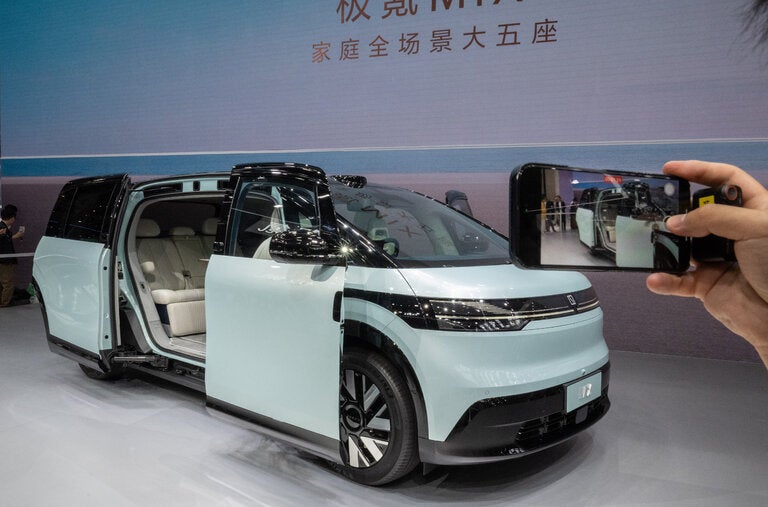 A new Mix model by Zeekr, a Chinese electric vehicle brand, at the Beijing auto show.