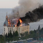 A building of the Odesa Law Academy complex in Odesa, Ukraine, is on fire after a Russian missile attack on Monday.