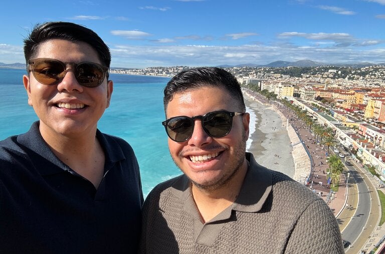 Luis Lopez, left, and Oscar Avilez Marquina on their honeymoon in Nice, France, in October. 