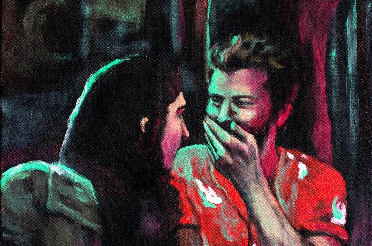 To accompany this essay, the painter RF. Alvarez, who’s based in Austin, Texas, created two works exclusively for T, including “A Bit of Gossip” (2023). “My mind immediately went to a photograph I took of my husband giggling with his best friend,” the artist says. “I cast them in dramatic, colorful lighting and, of course, had to give them some martinis.”