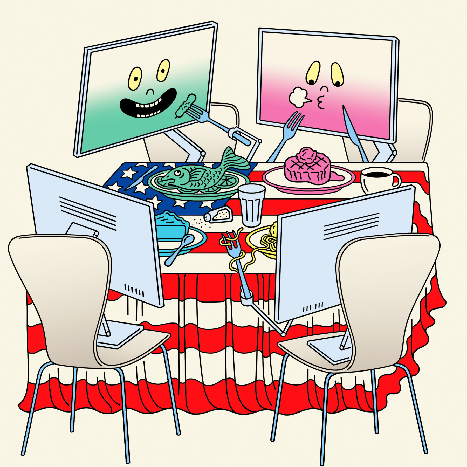 Cartoon of computer screens eating different colored foods.