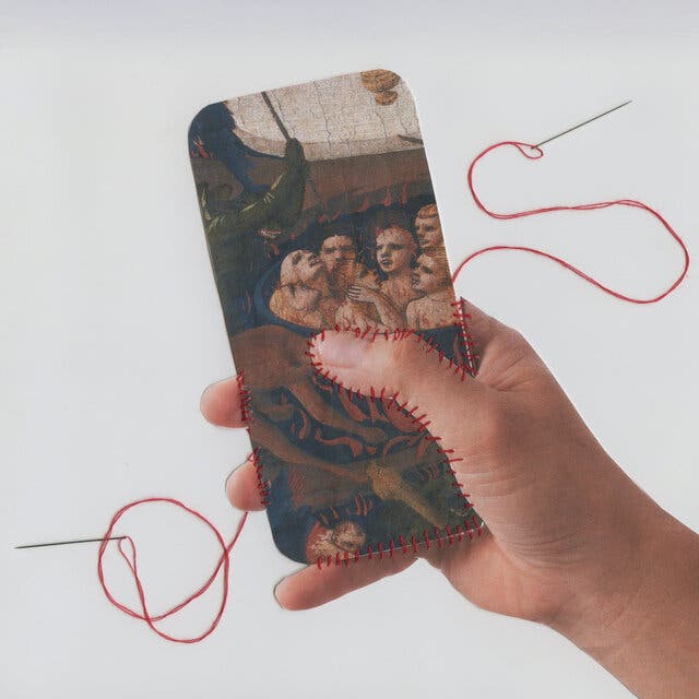 With red thread, a hand is stitched to a smartphone with an image of hell from a Hieronymus Bosch painting.