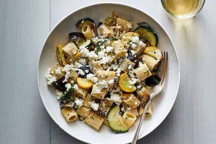 Eggplant and Zucchini Pasta With Feta and Dill