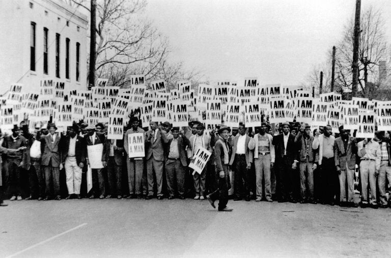 Sanitation workers prepared to demonstrate on March 28, 1968, as part of a labor strike that led to union recognition.