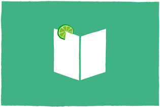 An illustration of an open book with a lime wedge stuck on one of the pages.