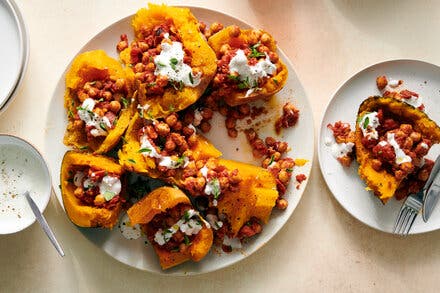 Whole Roasted Squash With Tomato-Ginger Chickpeas