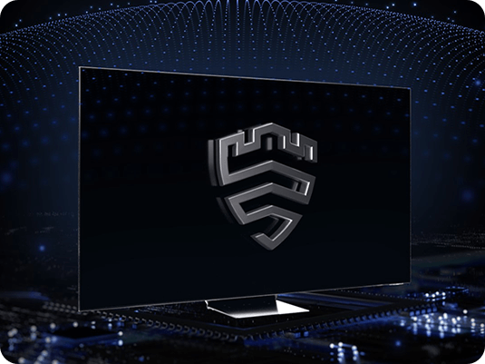 Na ekranie telewizora Samsung OLED z 2024 r. wyświetlane jest na czarnym tle logo „Samsung Knox Security”.