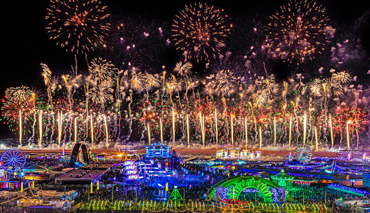 Fireworks light up the night sky above Electric Daisy Carnival on Monday, May 23, 2022, at Las Vegas Motor Speedway, in Las Vegas. (Benjamin Hager/Las Vegas Review-Journal/Tribune News Service via Getty Images)