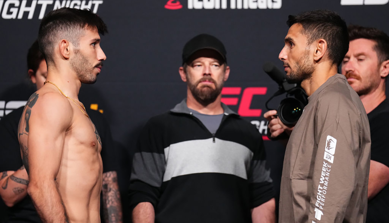 LAS VEGAS, NEVADA - APRIL 26: (L-R) Opponents Matheus Nicolau of Brazil and Alex Perez face off during the UFC Fight Night weigh-in at UFC APEX on April 26, 2024 in Las Vegas, Nevada. (Photo by Chris Unger/Zuffa LLC via Getty Images)