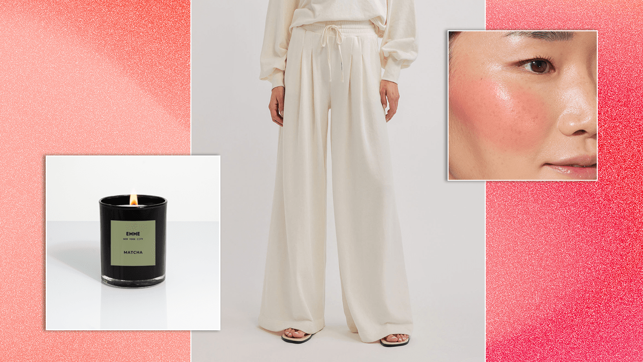 EMME Matcha Candle; Nylora Rowan Pants in Whisper White; Tower 28 Beauty BeachPlease Cream Blush in Dream Hour (sun-kissed bright pink).